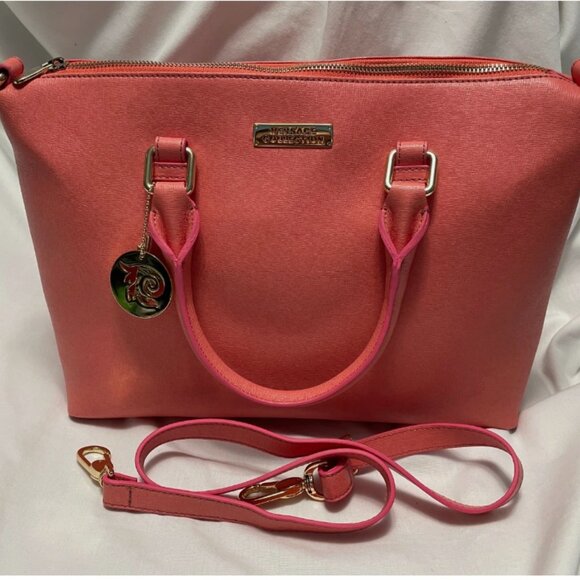 Versace Collection Vitello Stampa Saffiano Leather Handbag Coral New with Tags